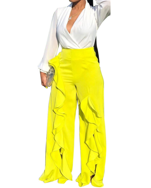 Ladies Fashion New Casual Wide-Leg Lotus Leaf Lace Open Side Pants Solid Color S-XXL