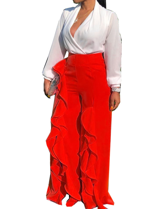 Ladies Fashion New Casual Wide-Leg Lotus Leaf Lace Open Side Pants Solid Color S-XXL
