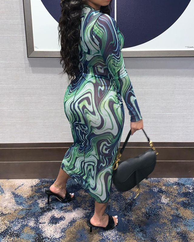 Women Mesh See Through Long Sleeve One Piece Dress S-L 