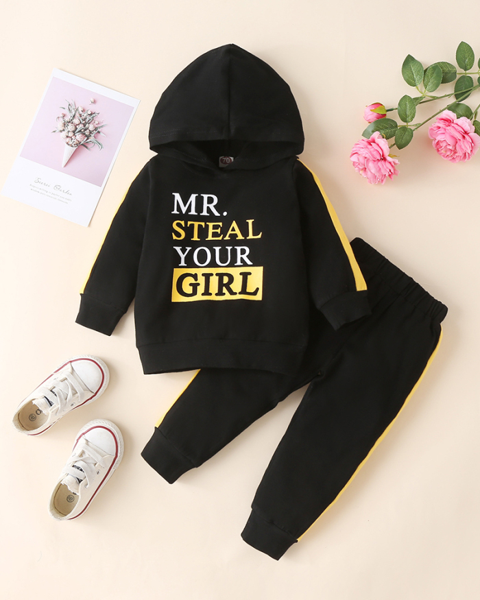 Children Causal Letter Printing Hoodies Two Piece Set Yellow Black 80-120