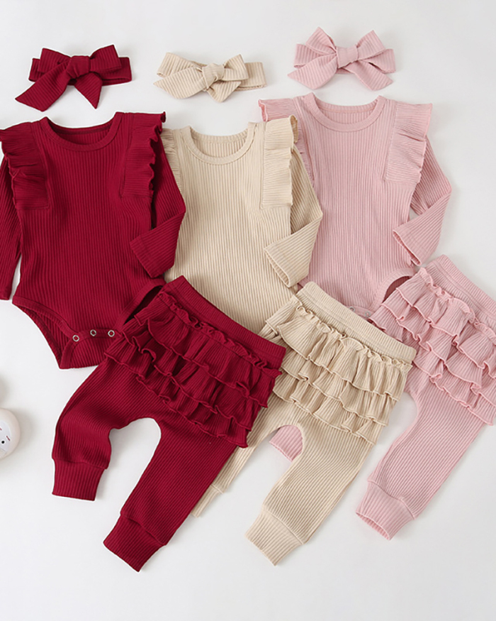 Children Long Sleeve Solid Color Three Piece Set Pink Wine Red Apricot 70-100