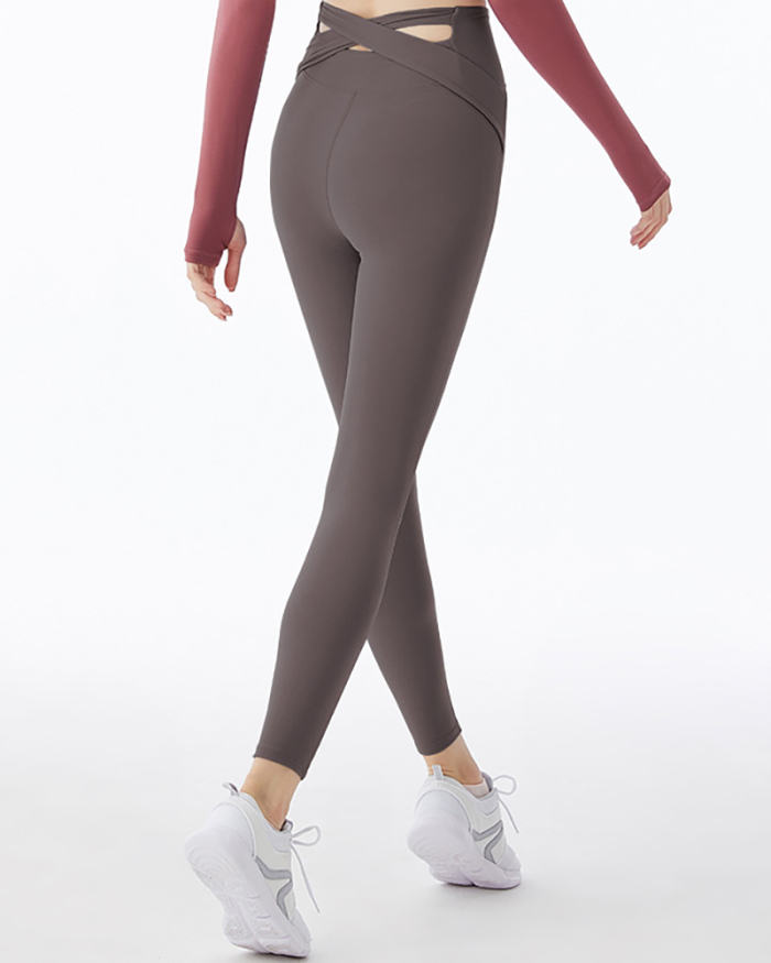 Women's New Cross High Waist Hip-Lifting Elastic Sports Yoga Pants Solid Color S-XL