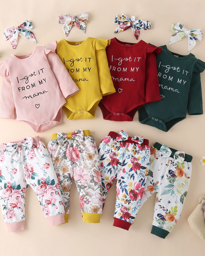 Children Letter Printing Long Sleeve Two Piece Set Yellow Green Pink Wine Red 80-100