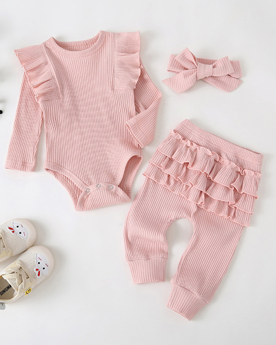 Children Long Sleeve Solid Color Three Piece Set Pink Wine Red Apricot 70-100