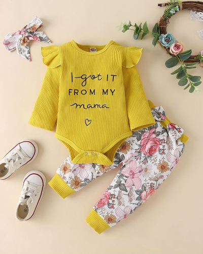 Children Letter Printing Long Sleeve Two Piece Set Yellow Green Pink Wine Red 80-100