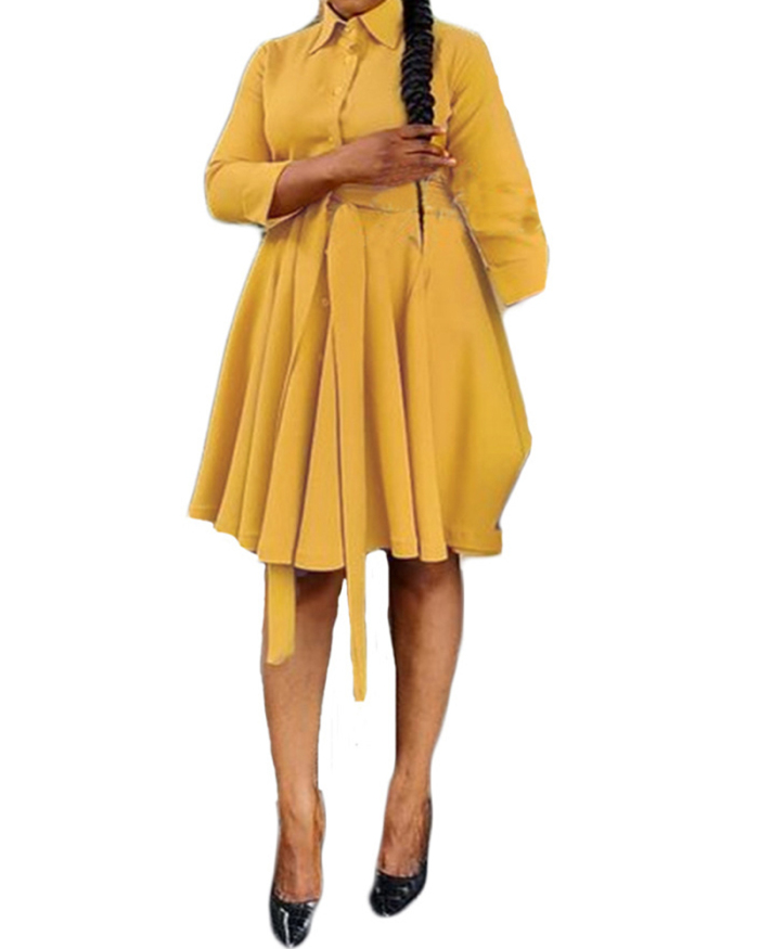 Women Solid Color Fashion Turn Down Neck Long Sleeve A-Line Casual Dresses Midi Dress Shirt Dress White Yellow Blue S-XL