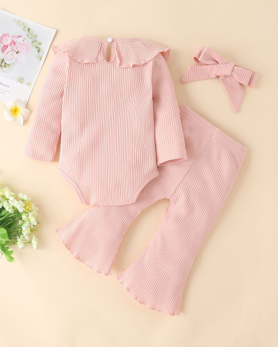 Kids Ruffle Long Sleeve Solid Color Flares Pant Three Piece Set Pink Wine Red 70-100