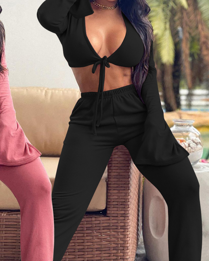 Newest Women Solid Color Long Tie Front V Neck Crop Tops Loose Pants Sets Two Pieces Outfit Pink Black S-XL