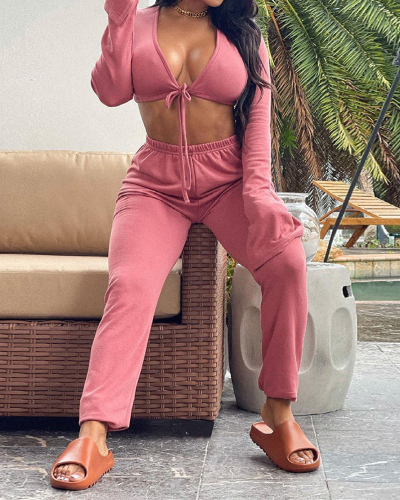 Newest Women Solid Color Long Tie Front V Neck Crop Tops Loose Pants Sets Two Pieces Outfit Pink Black S-XL