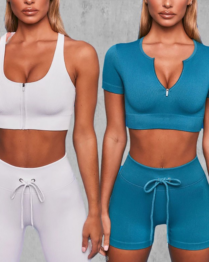 Women's Fashion Sports Short-Sleeved Suit Drawstring Gym Seamless Yoga Suit Top Bra S-XL