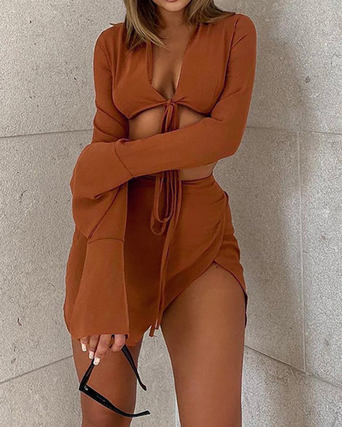Women Sexy V Neck Long Flared Sleeve Strappy Crop Tops High Slit Mini Skirts Two-piece Sets Brown S-L