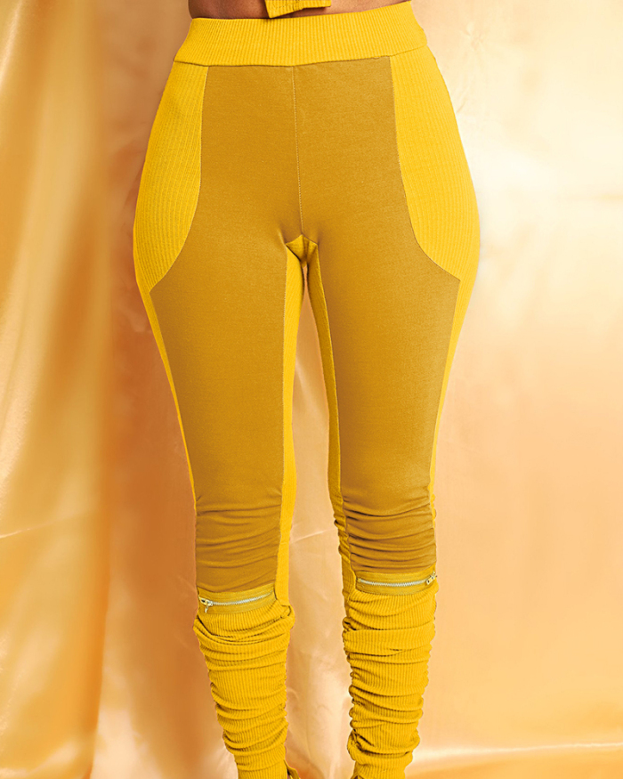 Lady Colorblock Causal Zipper Street Style Long Pants Yellow Black Blue S-2XL 
