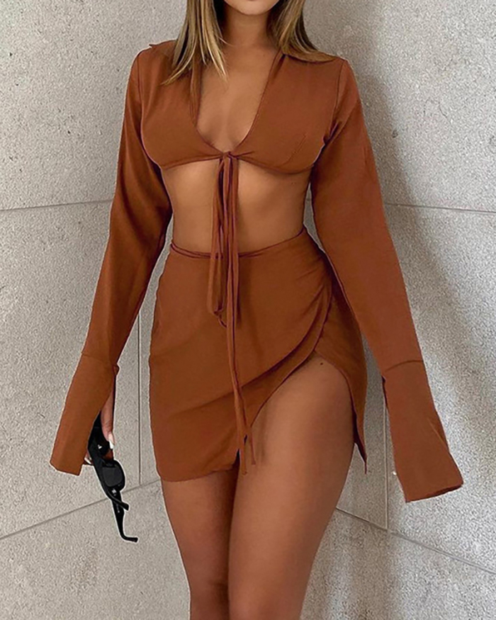 Women Sexy V Neck Long Flared Sleeve Strappy Crop Tops High Slit Mini Skirts Two-piece Sets Brown S-L