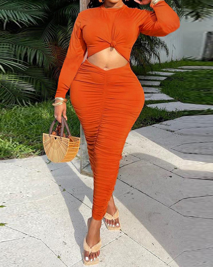 Women Long Sleeve Solid Color Hollow Out Show Waist Drawstring Maxi Dresses Black White Orange Green S-2XL