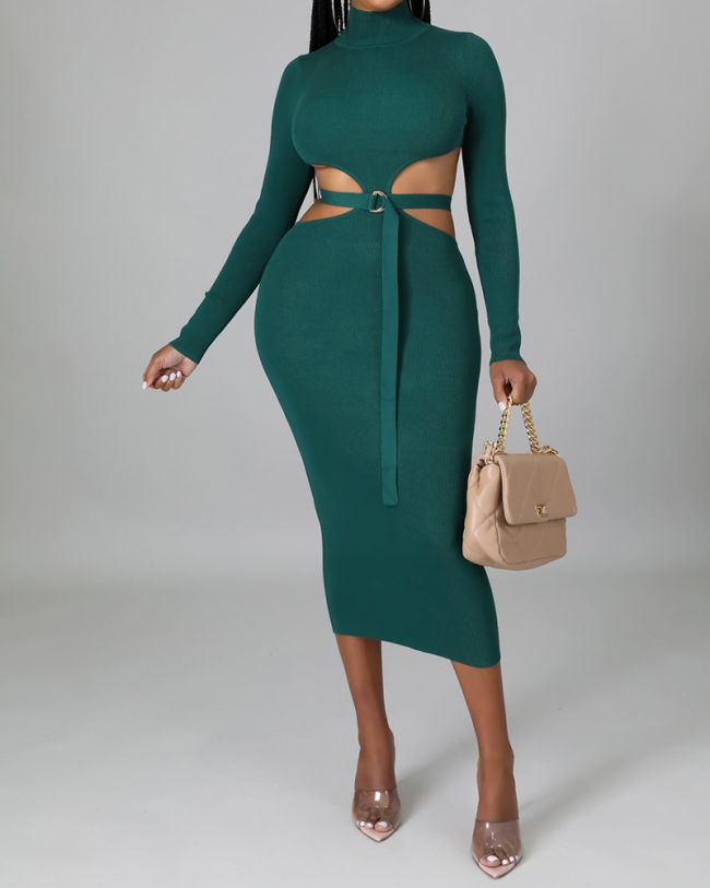 Elegant Women Solid Color Long Sleeve Hollow Out Waist Midi Dresses Bodycon Dresses Coffee Deep Green Black S-2XL