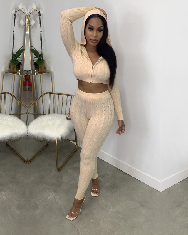 Long Sleeve Sweater Fashion Women Two Piece Pant Set S-XL