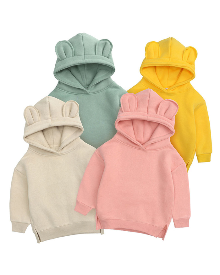 Children Solid Color Velvet Hoodies Long Sleeve Tops Pink Yellow Green Black 73-110