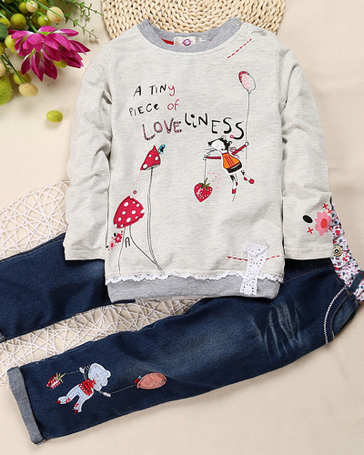 Children Cute Girls Floral Long Sleeve Two Piece Set White Pink 90-130