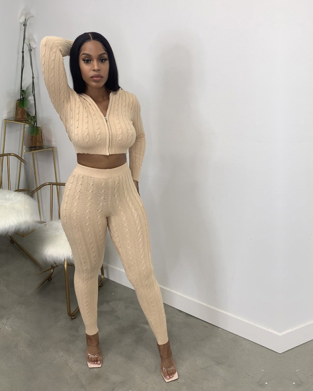 Long Sleeve Sweater Fashion Women Two Piece Pant Set S-XL