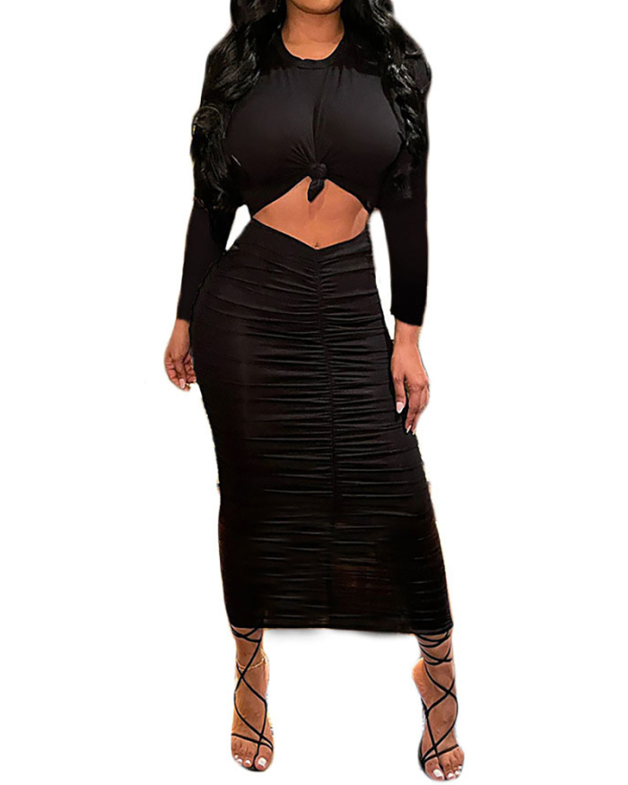 Women Long Sleeve Solid Color Hollow Out Show Waist Drawstring Maxi Dresses Black White Orange Green S-2XL
