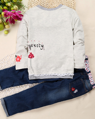 Children Cute Girls Floral Long Sleeve Two Piece Set White Pink 90-130