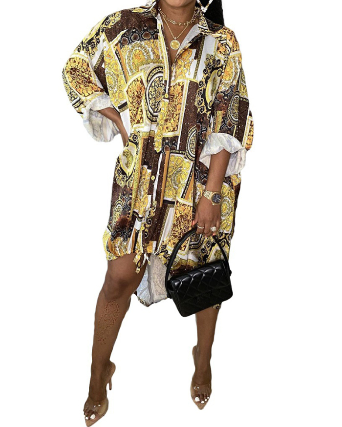Long Sleeve Stylish Loose Leopard Printed Lapel Button Shirt Dress Casual Dresses Yellow Gold S-XL