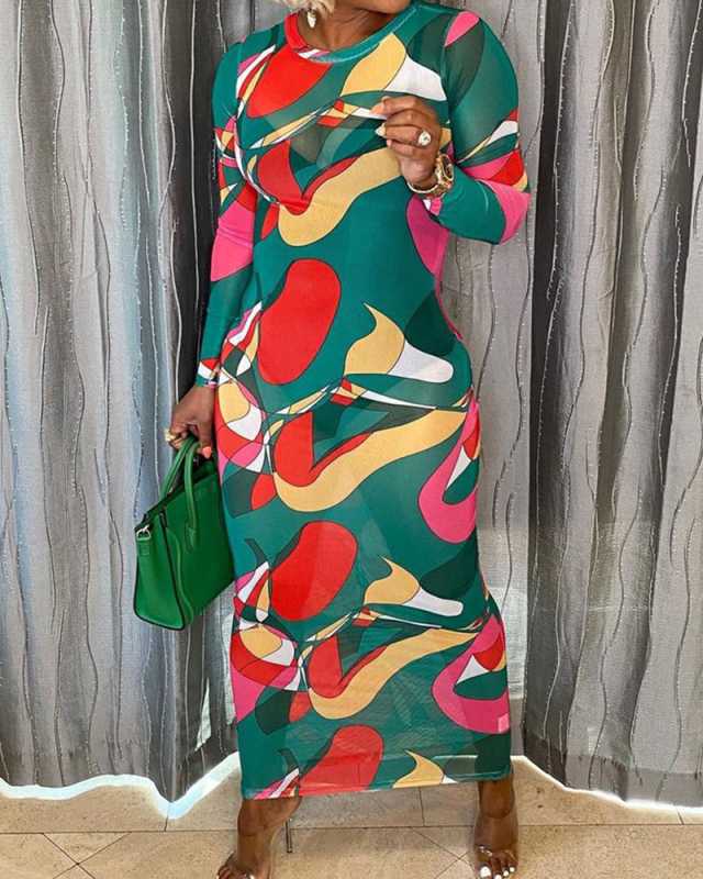Women Stylish O-neck Long Sleeve Colorblock Mesh Sexy Bodycon Maxi Dresses Green Leopard Letter Printed S-XL