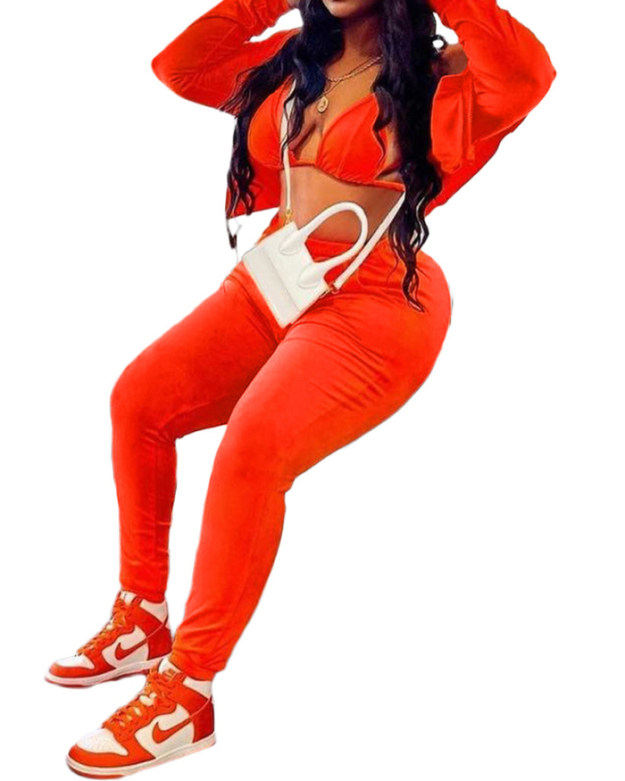 Women Fashion Long Sleeve Zipper Tops Sexy Bra Casual Pants Sets Three Pieces Outfit Black Orange S-2XL