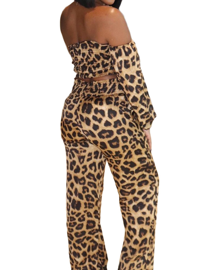 Fashion Women Off Shoulder Long Sleeve Leopard Pants Sets Two Pieces Outfit S-2XL