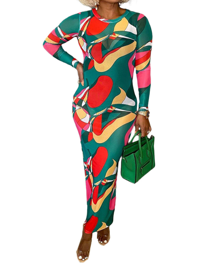 Women Stylish O-neck Long Sleeve Colorblock Mesh Sexy Bodycon Maxi Dresses Green Leopard Letter Printed S-XL