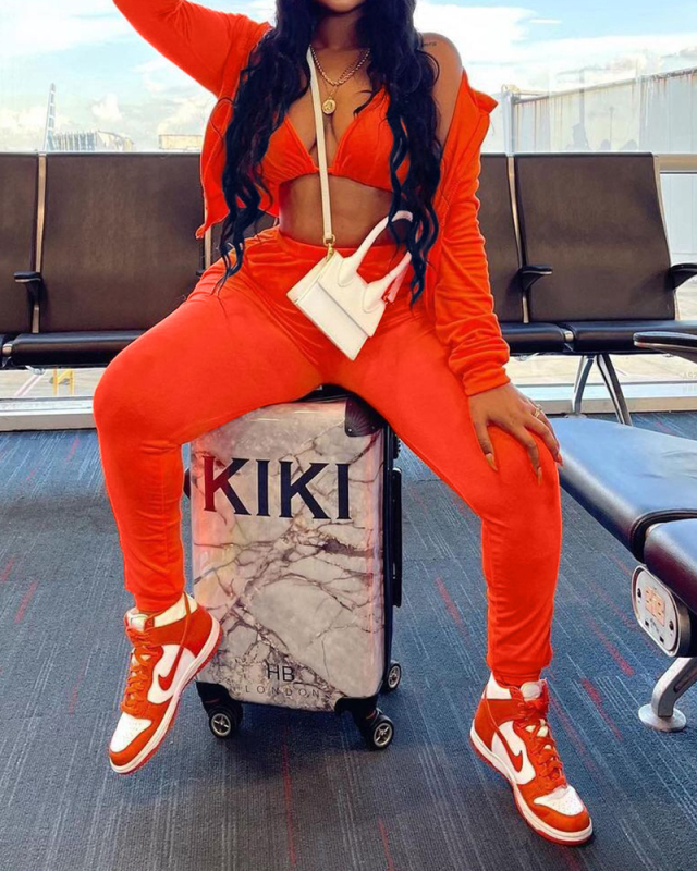 Women Fashion Long Sleeve Zipper Tops Sexy Bra Casual Pants Sets Three Pieces Outfit Black Orange S-2XL