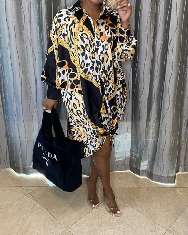 Long Sleeve Stylish Loose Leopard Printed Lapel Button Shirt Dress Casual Dresses Yellow Gold S-XL