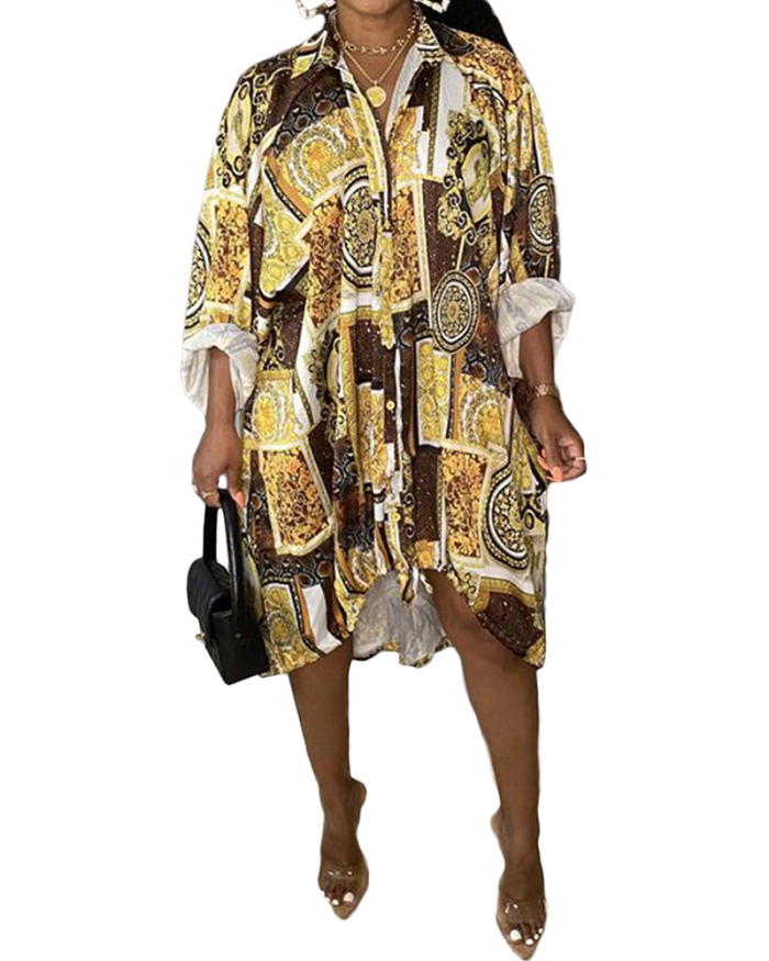 Long Sleeve Stylish Loose Leopard Printed Lapel Button Shirt Dress Casual Dresses Yellow Gold S-XL