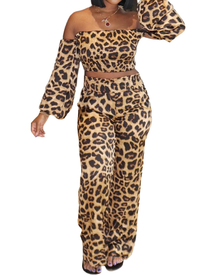 Fashion Women Off Shoulder Long Sleeve Leopard Pants Sets Two Pieces Outfit S-2XL