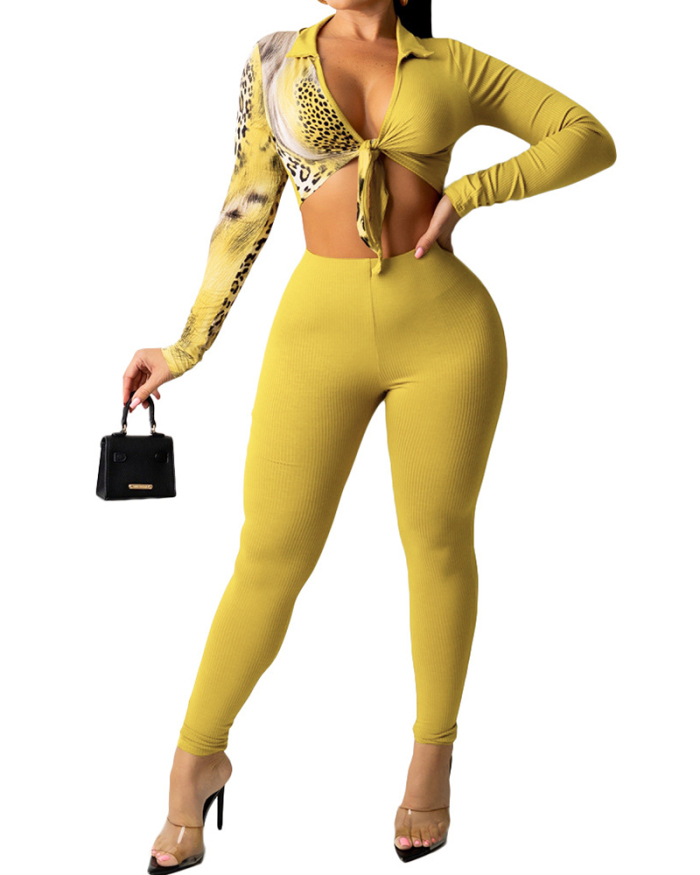 Fashion Women Long Sleeve Colorblock Lapel Crop Tops Slim Pants Sets Two Pieces Outfit Yellow S-2XL