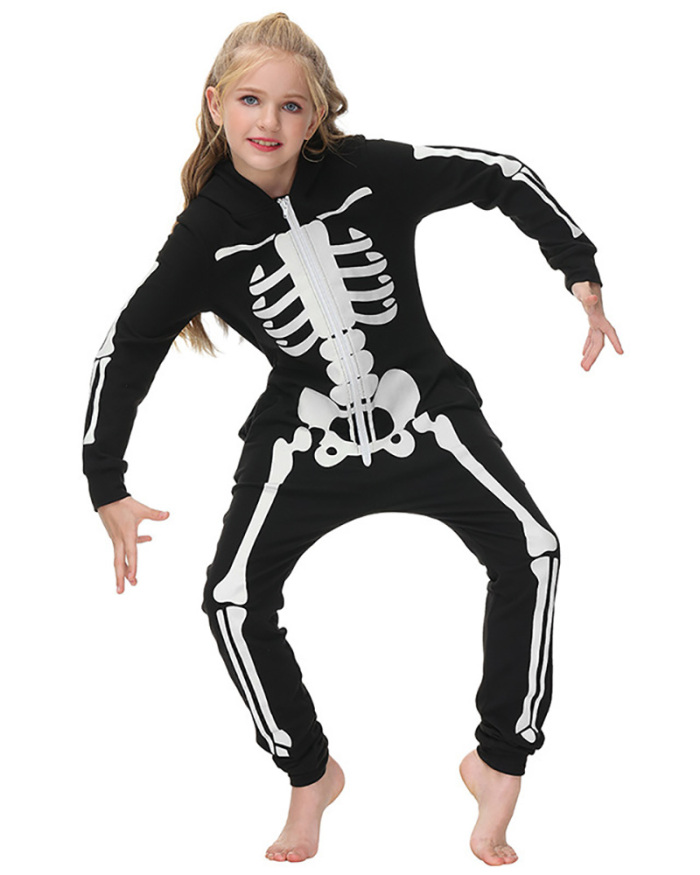 Skeleton Scary Family Halloween Costume Adults Kids Horror Skull Jumpsuit Hooded Fancy Women Men Family Pajama Carnival Party