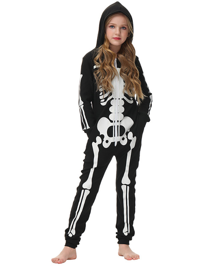 Skeleton Scary Family Halloween Costume Adults Kids Horror Skull Jumpsuit Hooded Fancy Women Men Family Pajama Carnival Party
