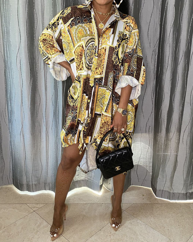 Long Sleeve Stylish Loose Leopard Printed Lapel Button Shirt Dress Casual Dresses Yellow Gold S-XL