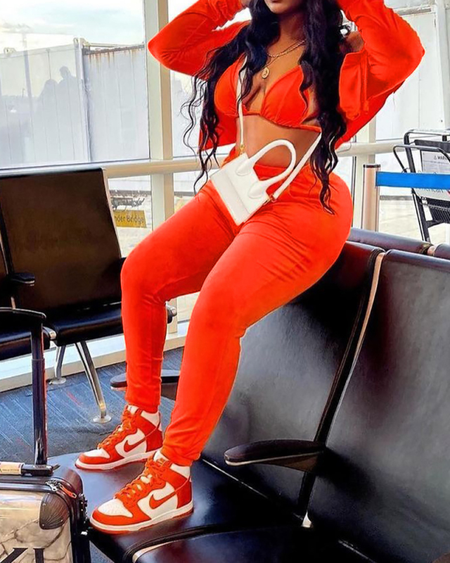 Women Fashion Long Sleeve Zipper Tops Sexy Bra Casual Pants Sets Three Pieces Outfit Black Orange S-2XL