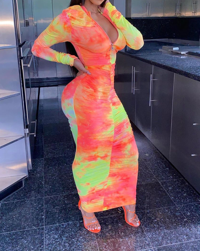 Women Tie Dye V Zipper Neck Long Sleeve Maxi Dresses Orange Blue S-XL