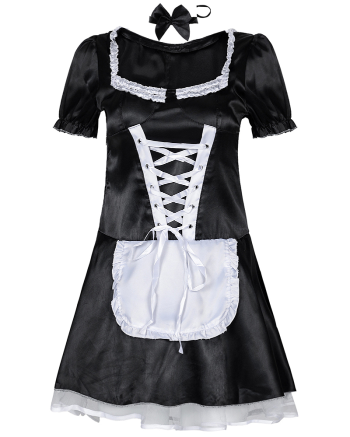 Sexy Maid Costume Cosplay Cross Strappy Colorblock Dress (No Inclulding Sock) M-3XL