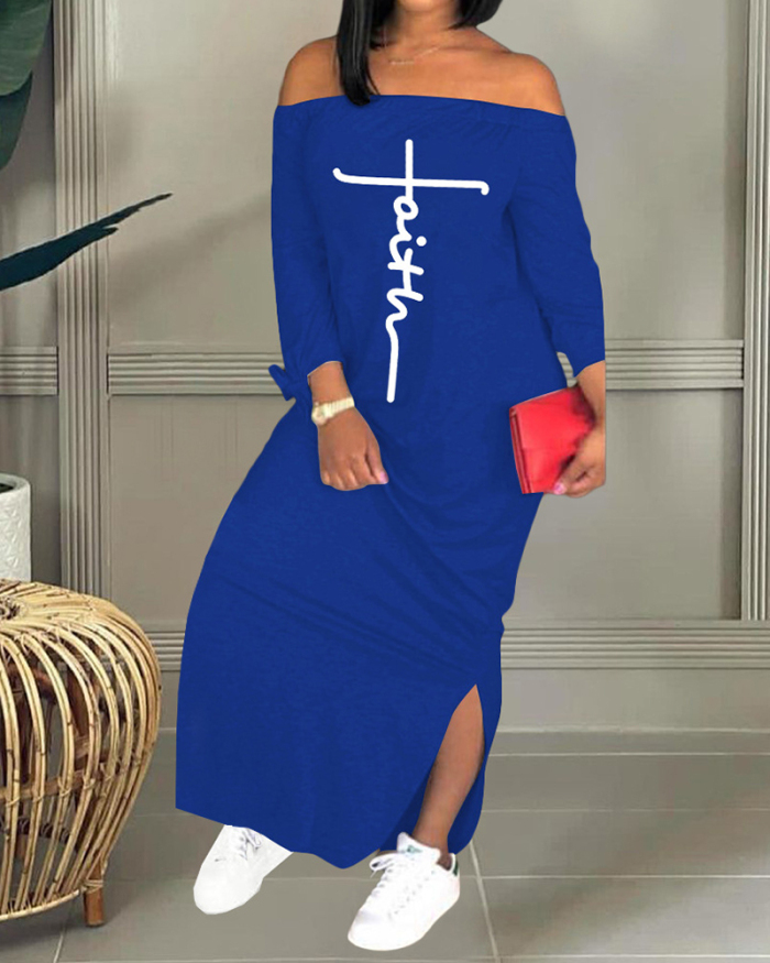 Women Off Shoulder Printed Long Sleeve Slit Casual Maxi Dresses Wine Red Black Blue S-2XL