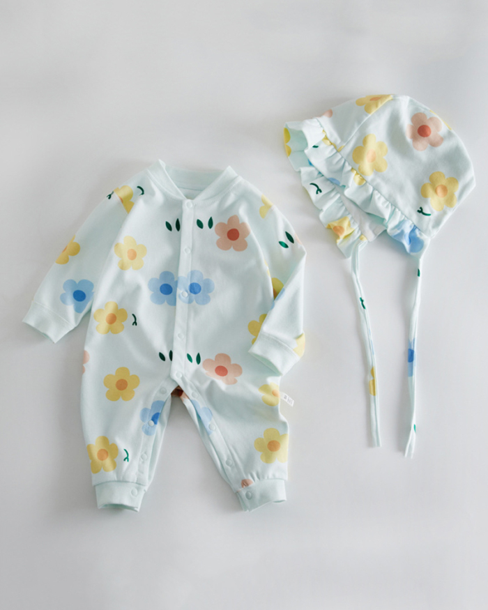 Children Long Sleeve Flower Printing Pajamas Two Piece Set (Including Hat)66-90