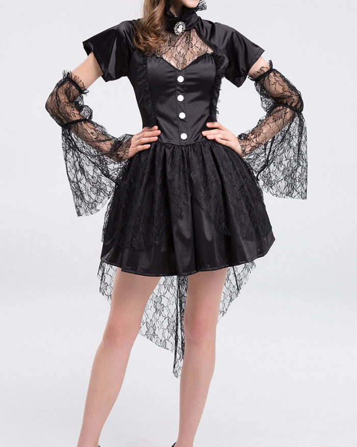 Halloween New Witch Costume Black Mesh Dress Lace Little Witch S-XL