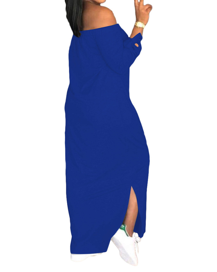 Women Off Shoulder Printed Long Sleeve Slit Casual Maxi Dresses Wine Red Black Blue S-2XL