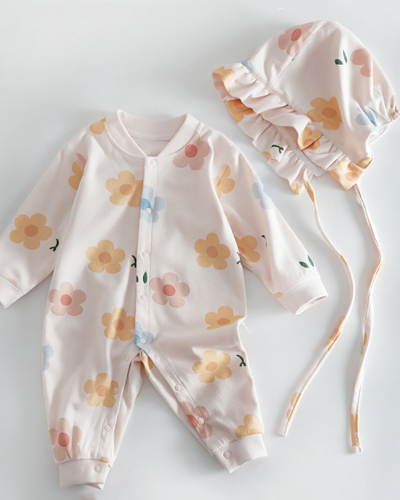 Children Long Sleeve Flower Printing Pajamas Two Piece Set (Including Hat)66-90