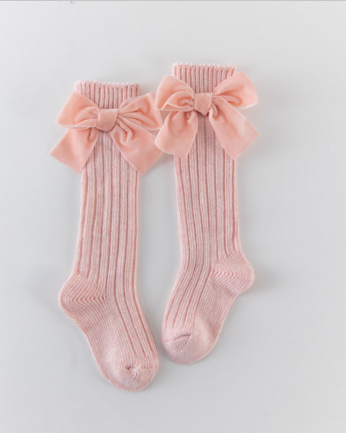 Girls Bow Decors Solid Ribbed Socks
