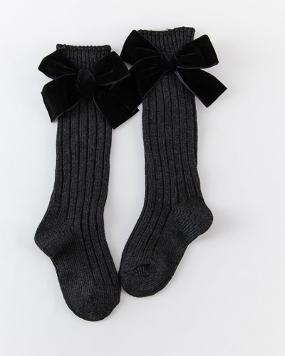 Girls Bow Decors Solid Ribbed Socks