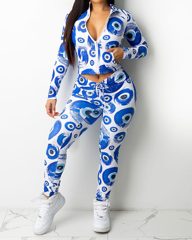 Fashion Printed Women Long Sleeve Zipper Tops Slim Pants Sets Two Pieces Outfit Blue White S-XL
