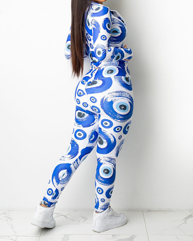 Fashion Printed Women Long Sleeve Zipper Tops Slim Pants Sets Two Pieces Outfit Blue White S-XL
